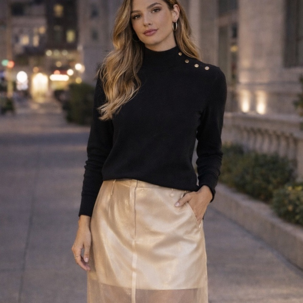 Ann Taylor Black Sweater Gold Button Shoulder Knit Top Chic Minimalist